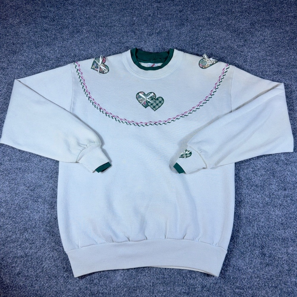 Vintage Jerzees Heart Applique Sweatshirt Cream Green Distressed 90s USA Medium - Picture 3 of 10